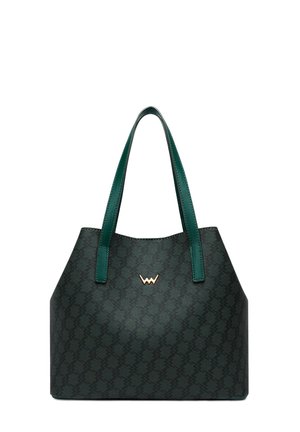 Green patterned tote bag with dual handles, featuring a gold logo accent. Made from textured material with structured shape.