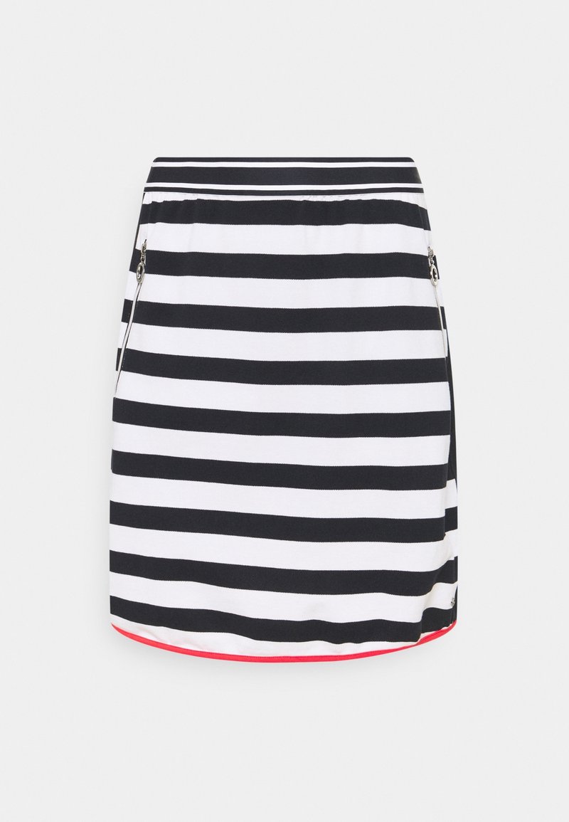 Jupe à rayures avec des rayures horizontales noires et blanches, taille élastique, poches latérales zippées et un accent rouge à l'ourlet.