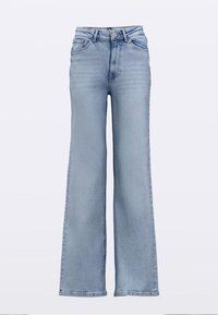 Jeans a vita alta di colore azzurro chiaro con taglio a gamba larga. Realizzati in denim, presentano una finitura slavata e il classico design con cinque tasche.