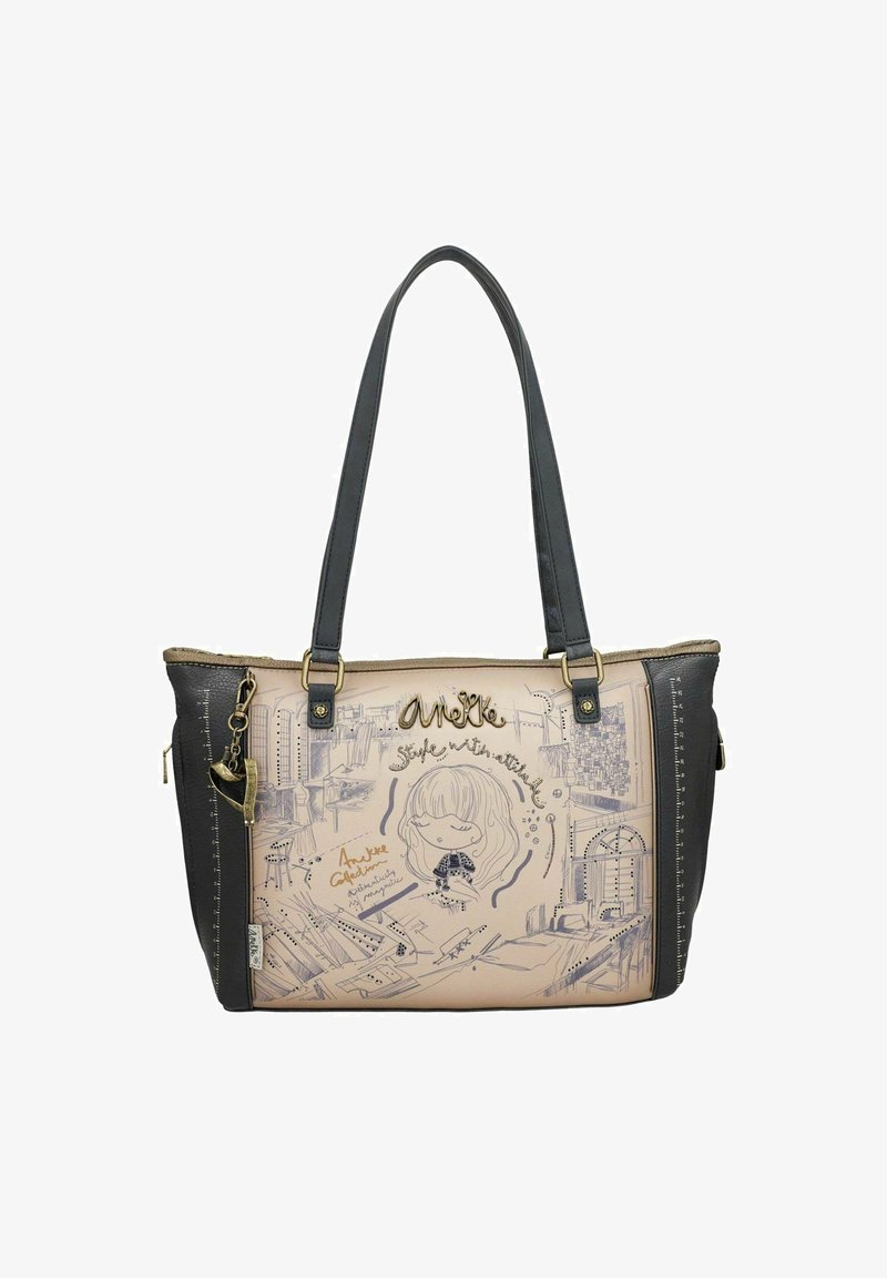 Torba na ramię w beżowym i czarnym syntetycznym materiale z artystycznymi rysunkami. Posiada podwójne ramiączka oraz akcenty z trwalszym złotym wykończeniem.