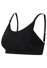 Sort trådløs ammebh med justerbare skulderstropper og frontklipsåbninger for nem ammeadgang.