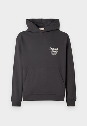 Felpa grigia con tasca frontale, cappuccio con cordino, maniche con polsini e logo bianco sul lato sinistro del petto. Materiale morbido in misto cotone.