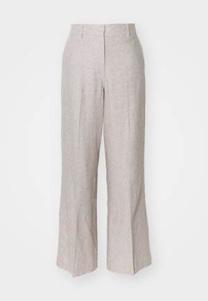 Jasno-beżowe lniane spodnie o wysokim stan, szerokich nogawkach i fałdach z przodu. Gładka tekstura i minimalistyczny design, odpowiednie do noszenia na co dzień.