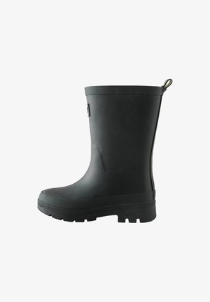 Botte en caoutchouc noire mi-mollet avec semelle texturée, languette à l'arrière et finition mate lisse conçue pour la résistance à l'eau.