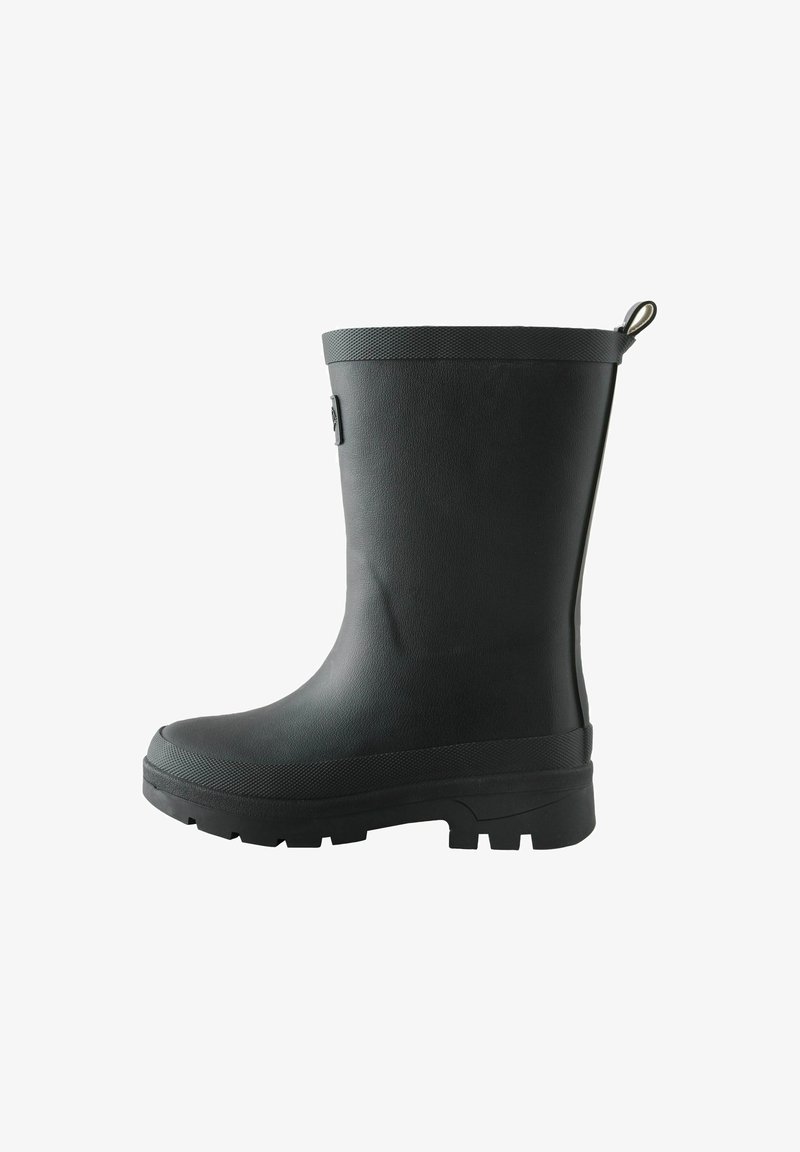Botte en caoutchouc noire mi-mollet avec semelle texturée, languette à l'arrière et finition mate lisse conçue pour la résistance à l'eau.