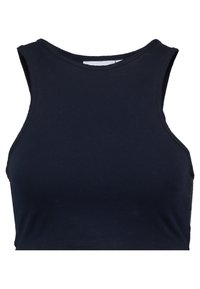 Námorně modrý bezramenní crop top vyrobený z měkké, elastické tkaniny s kulatým výstřihem a plochými švy, který má hladký povrch.