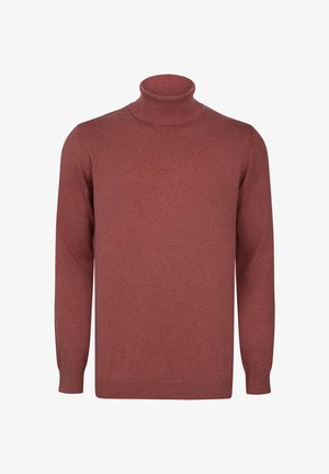Burgunderfarbener Strickrollkragenpullover mit geripptem Kragen und Bündchen, langen Ärmeln und glatter Textur. Lässiges, vielseitiges Design.