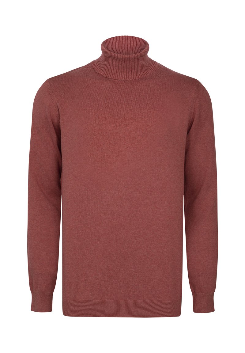 Suéter de punto burdeos con cuello alto y puños de canalé, mangas largas y una textura suave. Diseño casual y versátil.