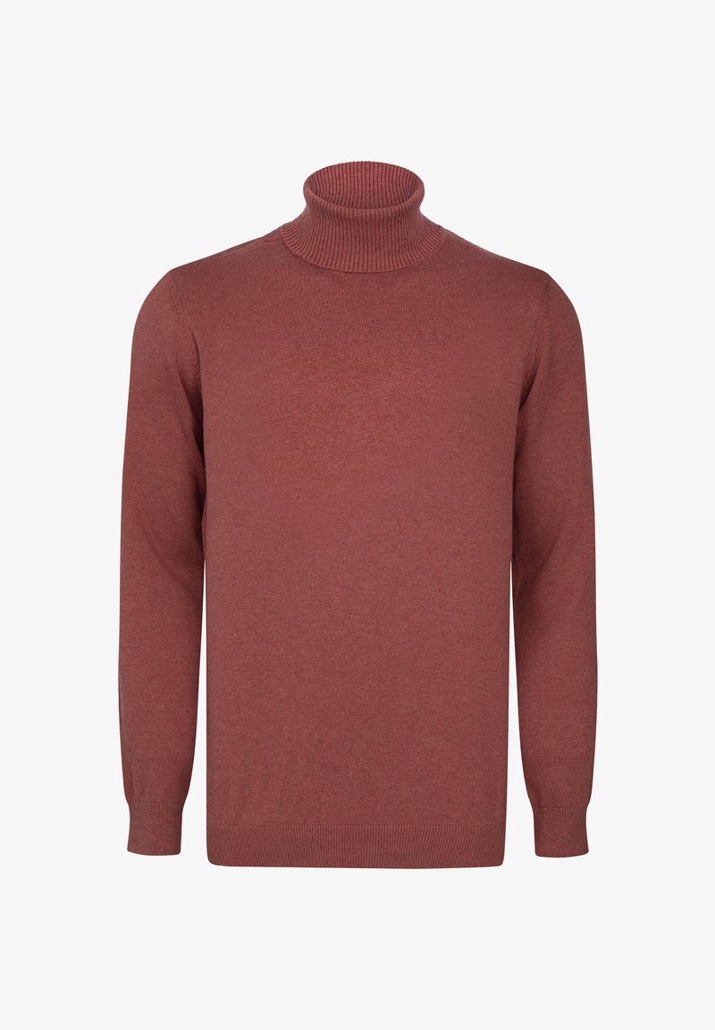 Bordowy sweter z dzianiny ze stójką i ściągaczami, długimi rękawami oraz gładką teksturą. Casulowy, uniwersalny fason.