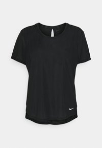 Black short-sleeve athletic top made of mesh fabric. Features a round neckline, keyhole back detail, and a small white Nike logo at the hem.