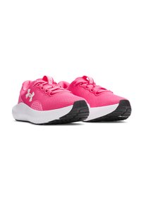 Rosa Sportschuhe mit einem atmungsaktiven Mesh-Obermaterial, Schnürverschluss und weißer Zwischensohle. Verfügbar mit einer schwarzen Gummisohle für Grip und Langlebigkeit.