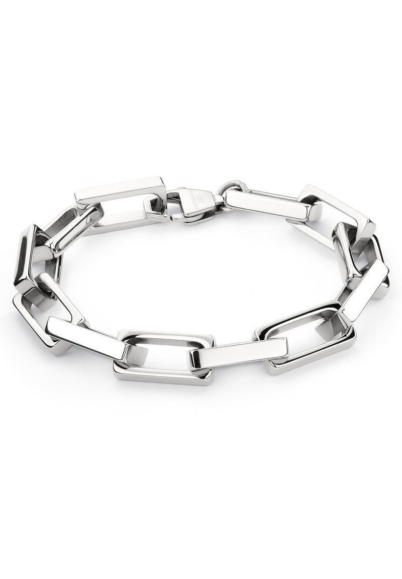 Silberne Kettenarmband mit rechteckigen Gliedern und einer polierten Oberfläche. Sicherer Verschluss. Glatte, glänzende Textur.