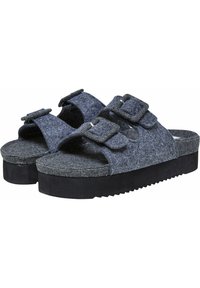 Grå sandaler med to justerbare spænder, tekstureret overflade og tykk sort platformssål med mønster i bølger.