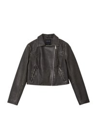 Giacca di pelle nera cropped con colletto a punta, zip frontale e due tasche laterali. Presenta dettagli cuciti per un tocco di texture in più.