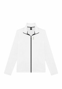 Giacca bianca con zip, dettagli neri e colletto alto. Presenta un design minimalista con il nome del brand in oro sul davanti.