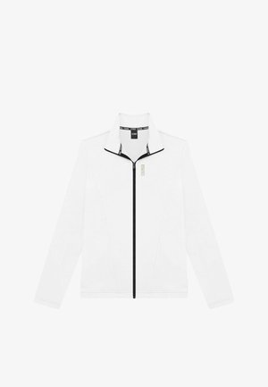 Balts zip-up jakas ar melniem akcentiem un stāvīgu apkakli. Iezīmē minimālistisku dizainu, ar zelta krāsā izšūtu zīmola nosaukumu priekšpusē.