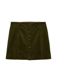 Jupe en velours côtelé vert à coupe droite, avec une fermeture à boutons sur le devant et un tissu texturé. La longueur est au-dessus du genou.