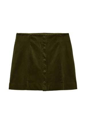Jupe en velours côtelé vert à coupe droite, avec une fermeture à boutons sur le devant et un tissu texturé. La longueur est au-dessus du genou.