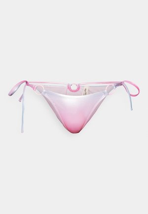 Bikini-Höschen mit einem Farbverlauf von Pink zu Helllila, aus glänzendem Material gefertigt. Verstellbare Bindebänder an den Seiten und kreisförmiges Hardware-Detail.