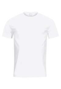 Camiseta blanca lisa de hombre hecha de algodón. Presenta un cuello redondo y mangas cortas. Textura suave con un acabado liso. Sin patrones ni diseños.