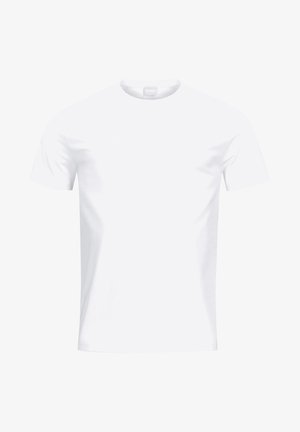 T-shirt bianco semplice da uomo in cotone. Presenta un collo a giro e maniche corte. Tessuto morbido con una finitura liscia. Senza motivi o design.