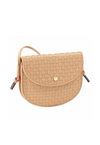 Borsa a spalla in pelle intrecciata beige con una forma rotonda, chiusura a pattina e un sottile dettaglio in metallo dorato. Tracolla regolabile per una maggiore versatilità.