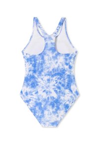 Costume da bagno intero tie-dye in blu chiaro e bianco. Presenta un design con schiena a racer e un tessuto morbido e liscio con una silhouette aderente.