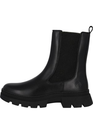 Sort læderankelstøvle med chunky sål, elastisk sidepanel, trækstrop bagpå og logo præget nær hælen.