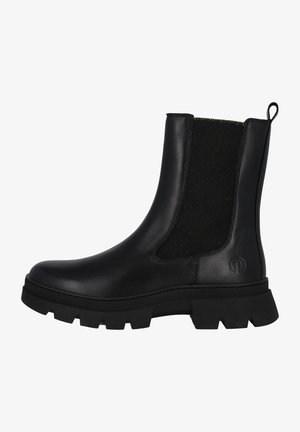 Stivaletto in pelle nera con suola spessa, pannello laterale elastico, linguetta posteriore e logo impresso vicino al tallone.