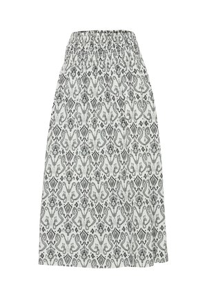 Vit kjol med ett intrikat mönster i svart och grått som har blommiga och diamantmotiv. Elastisk midja, A-linjeform, knälång design.