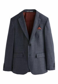 Námořnický károvaný blazer vyrobený z texturované tkaniny, s jedním knoflíkem, dvěma předními kapsami a vínovým podšívkou, která má odpovídající kapesník.