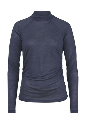 Langärmliges, navyblaues Oberteil mit stehendem Kragen, aus leichtem Stoff gefertigt. Verfügt über geraffte Details an den Seiten und Raglanärmeln.