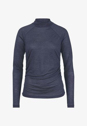 Langärmliges, navyblaues Oberteil mit stehendem Kragen, aus leichtem Stoff gefertigt. Verfügt über geraffte Details an den Seiten und Raglanärmeln.