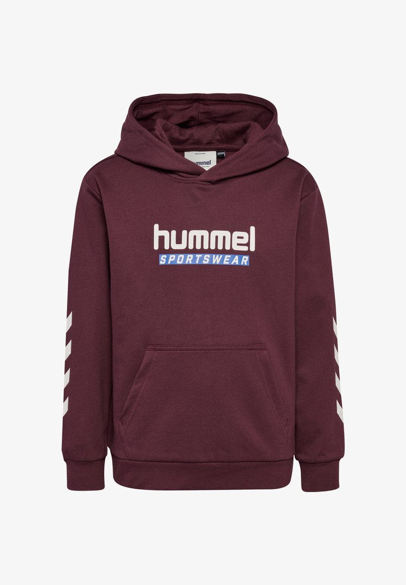 Felpa con cappuccio color marrone, dotata di una tasca a marsupio frontale, logo bianco "hummel SPORTSWEAR" e accenti a chevron bianchi sulle maniche.