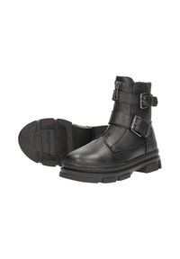 Zwarte enkelboots van gestructureerd leer, met twee gespen, een zijrits en een dikke, gegroefde rubberen zool.