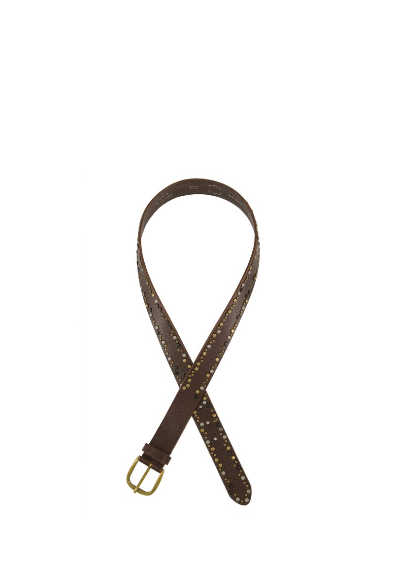 Cintura in pelle marrone con borchie dorate e argentate lungo tutta la lunghezza, dotata di una fibbia metallica dorata. Texture liscia e design classico.