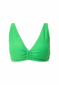 Zelený bikiny top s žebrovaným vzorem a trojúhelníkovým tvarem košíčků. Má centrální řasení vpředu a široké nastavitelné ramínka.
