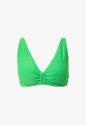 Haut de bikini vert à côtes avec une forme de bonnet triangulaire. Présente un détail de fronce central à l'avant et des bretelles larges et réglables.