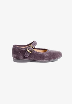 Scarpa Mary Jane in velluto viola scuro. Presenta una punta arrotondata, suola piatta e una fascia con fibbia sopra il collo del piede. Texture liscia.