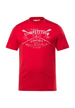 Camiseta de algodón roja con cuello redondo y mangas cortas. El diseño frontal incluye texto blanco y gráficos de remo. Ajuste simple y casual.