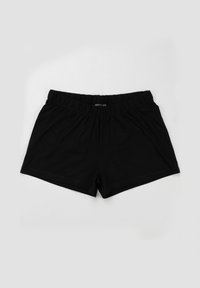 Pantaloni corti neri in cotone con vita elasticizzata, caratterizzati da un design semplice e una consistenza liscia, tagliati su una lunghezza standard.