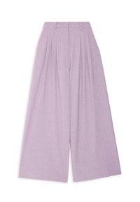 Pantalon court taille haute à jambes larges en lavande clair avec plis avant et passants de ceinture, en tissu texturé.