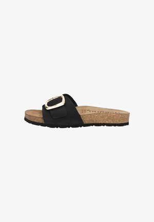 Black slide sandal featuring a wide strap with a gold buckle, cork footbed, and textured rubber sole for grip.