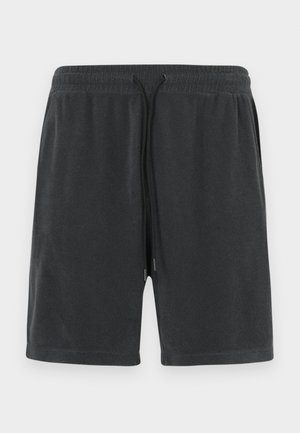 Dark gray shorts made of soft material, featuring an elastic waistband and drawstring closure with silver tips. Simple design without pockets.