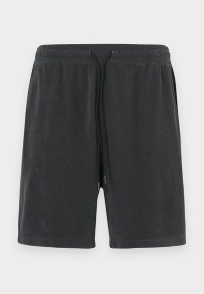 Shorts gris foncé en matériau doux, avec une taille élastique et un cordon de serrage aux embouts argentés. Design simple sans poches.