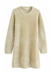 Beige Flauschesweater mit langen Ärmeln und rundem Hals; besitzt eine weiche, strukturierte Oberfläche und einen geraden Saum.