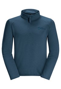Suéter de forro polar azul oscuro con cuello de media cremallera. Mangas largas, tejido texturizado, con un pequeño logo en el pecho. Diseño de corte relajado.