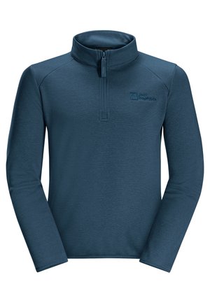 Pull en polaire bleu foncé avec col zippé à mi-hauteur. Manches longues, tissu texturé, avec un petit logo sur la poitrine. Design à coupe décontractée.