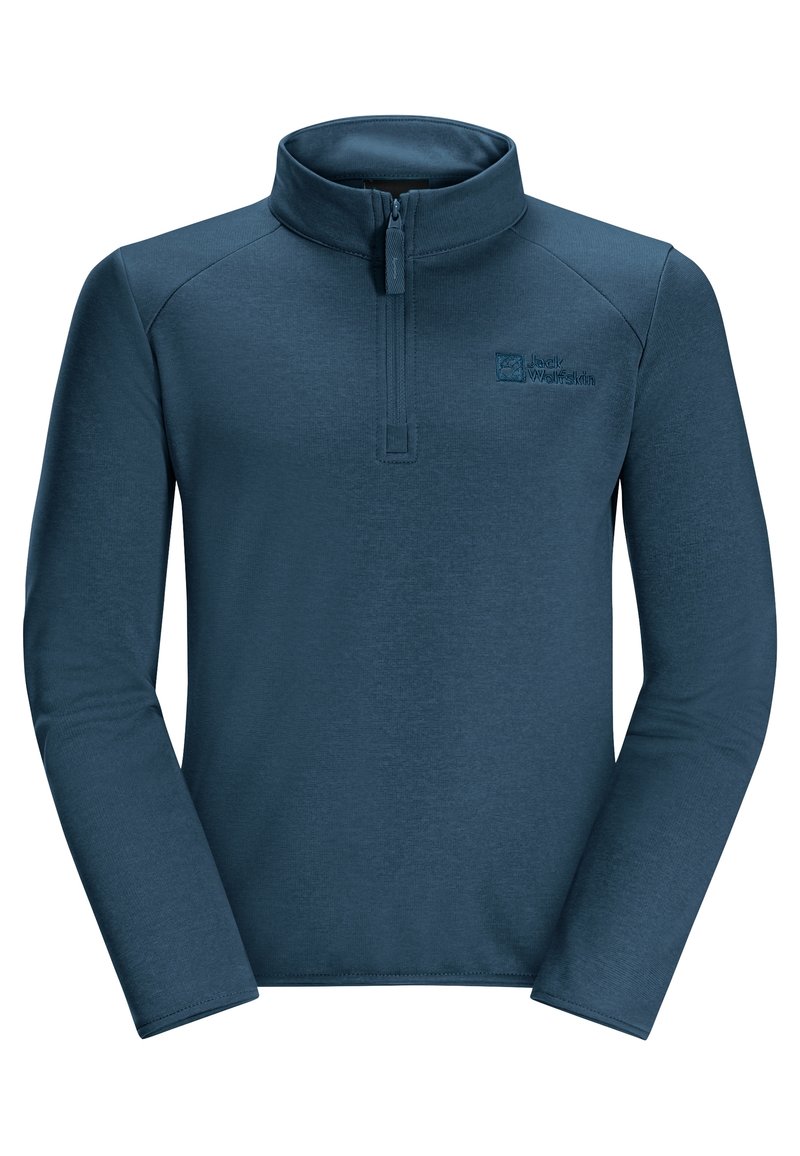 Suéter de forro polar azul oscuro con cuello de media cremallera. Mangas largas, tejido texturizado, con un pequeño logo en el pecho. Diseño de corte relajado.