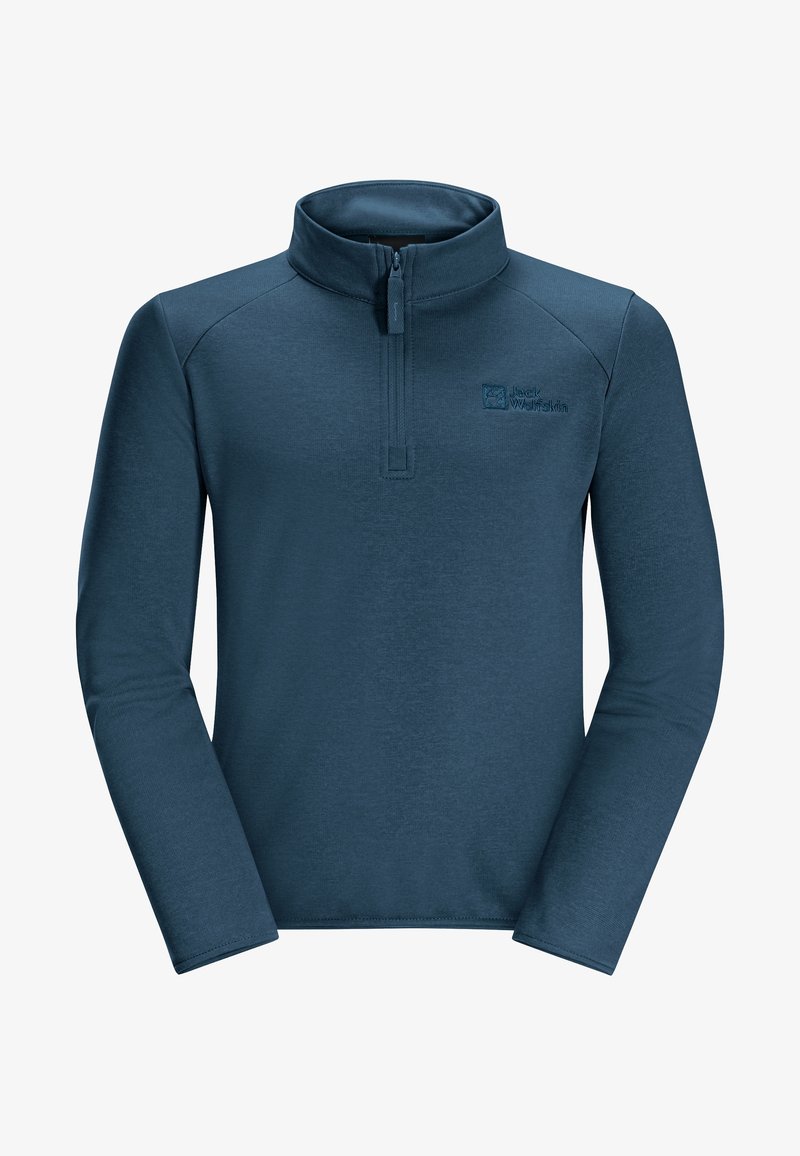Suéter de forro polar azul oscuro con cuello de media cremallera. Mangas largas, tejido texturizado, con un pequeño logo en el pecho. Diseño de corte relajado.